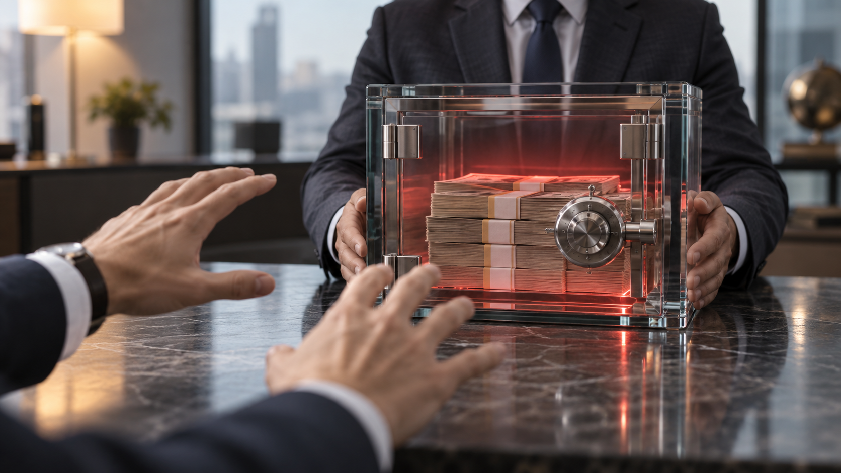 Investor reaching toward 1031 exchange funds secured by a qualified intermediary in a transparent vault.