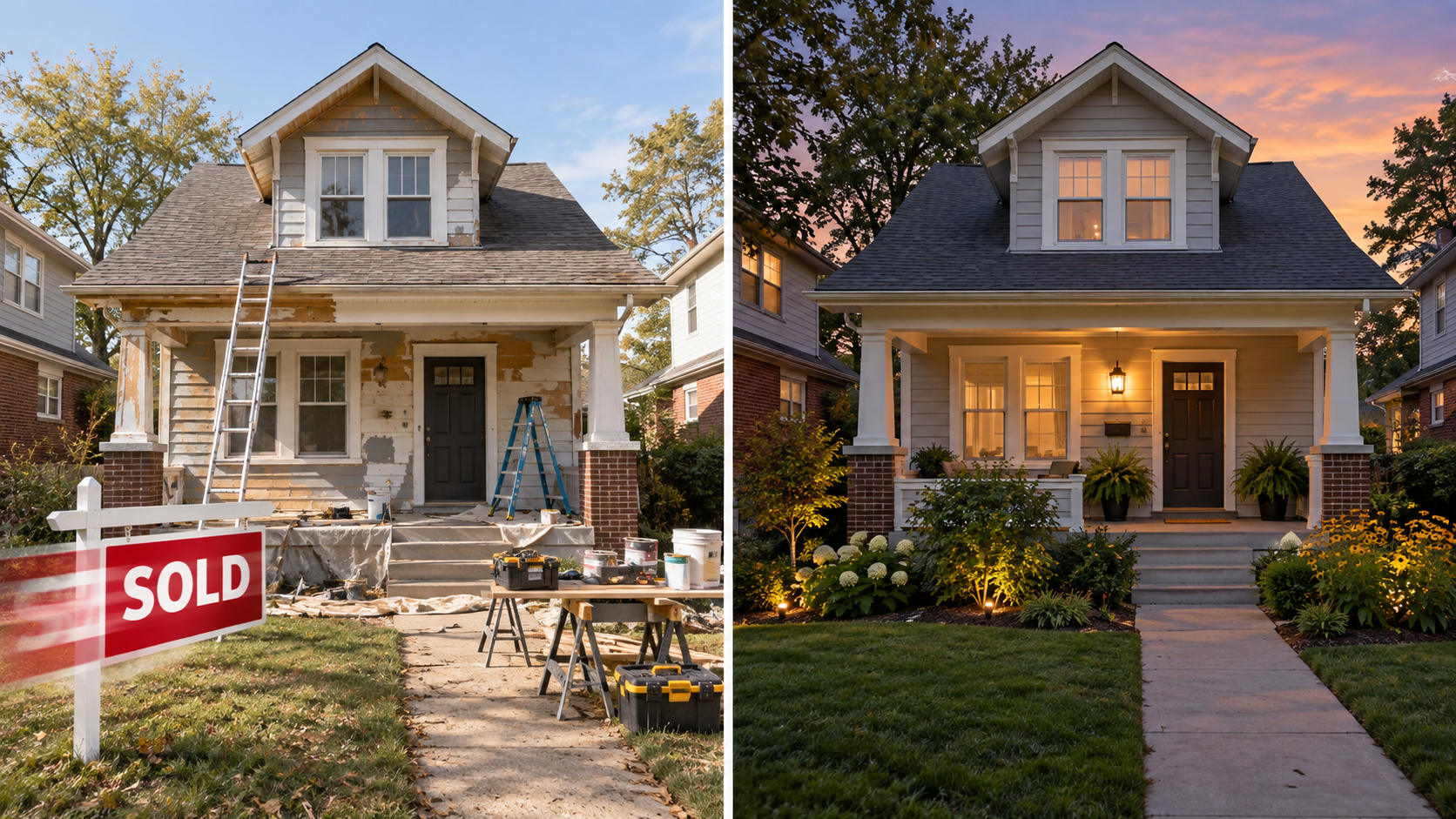 Split view of a house being renovated and sold versus the same property maintained as a long-term rental investment.