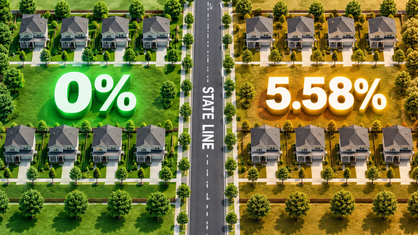 Investment homes divided by State Line showing a 0% tax rate on one side and a 5.58% rate on the other.