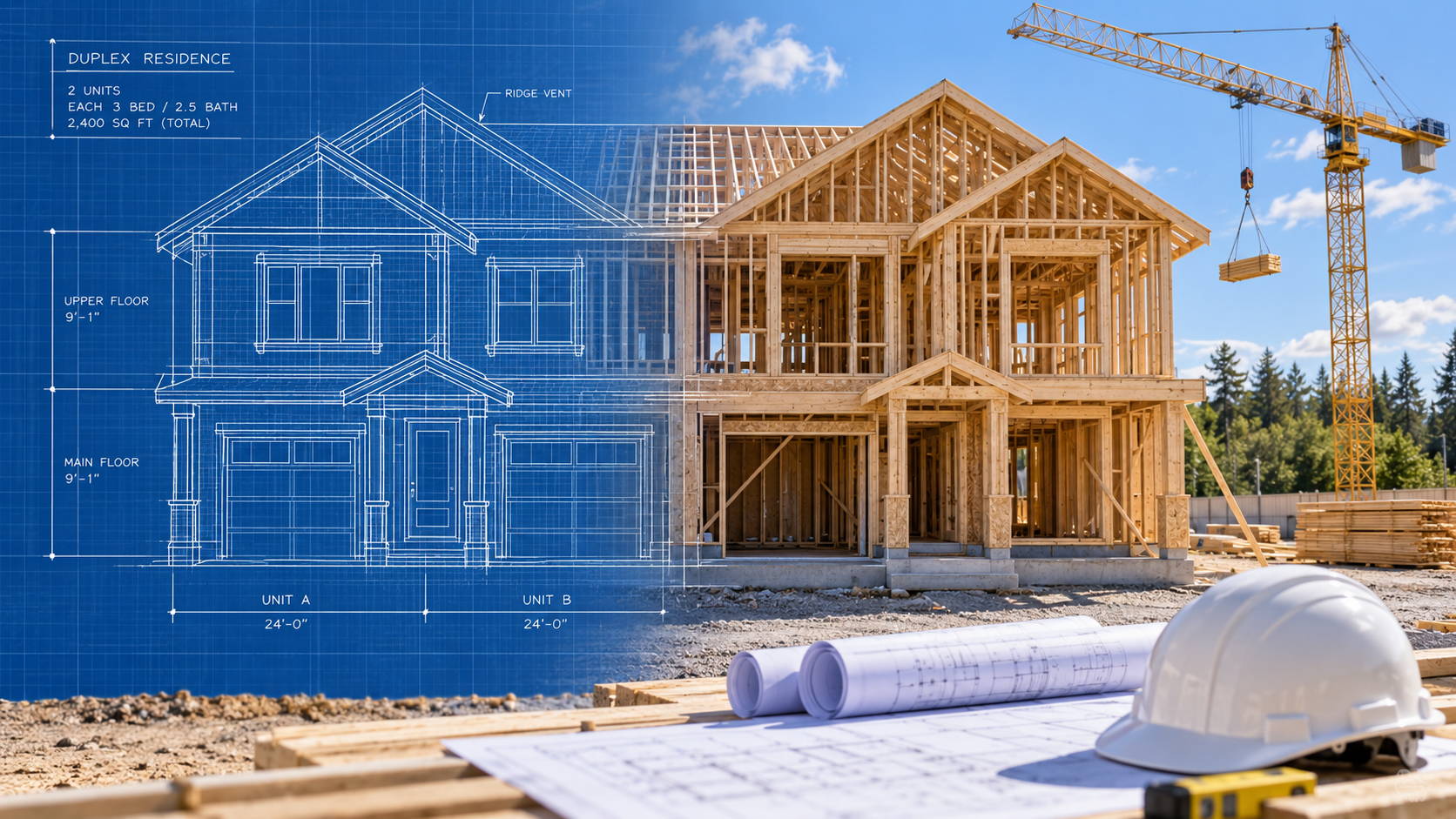 Duplex architectural blueprint transforming into a newly framed building at an active residential construction site.