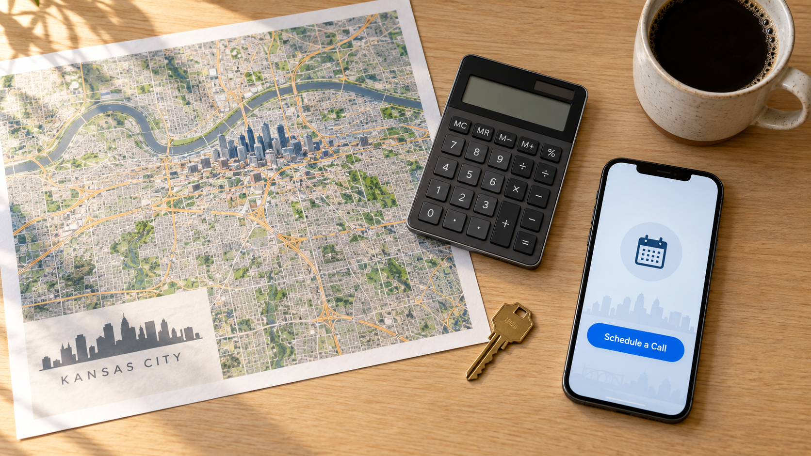 Kansas City neighborhood map, calculator, house key, coffee and smartphone displaying a Schedule a Call button.