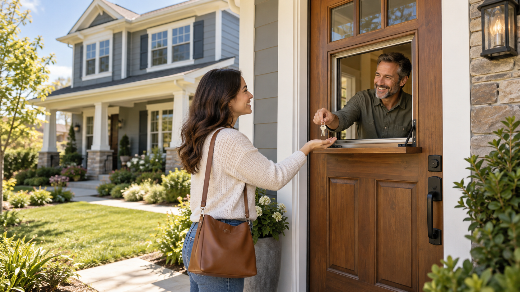 Homeowner handing house keys to a buyer through a front-door transaction window, illustrating an owner-financed home sale. Homeowner handing house keys to a buyer through a front-door transaction window, illustrating an owner-financed home sale.