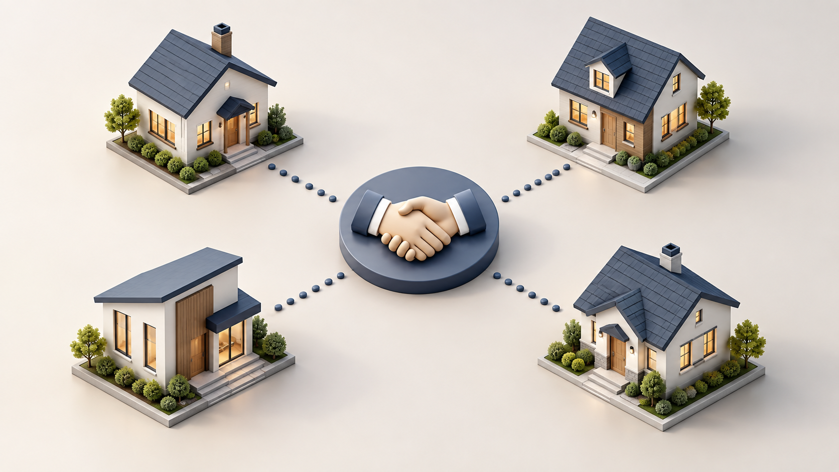 Four houses connected by dotted paths to a central handshake, illustrating owner-financing agreements for multiple properties. Four houses connected by dotted paths to a central handshake, illustrating owner-financing agreements for multiple properties.