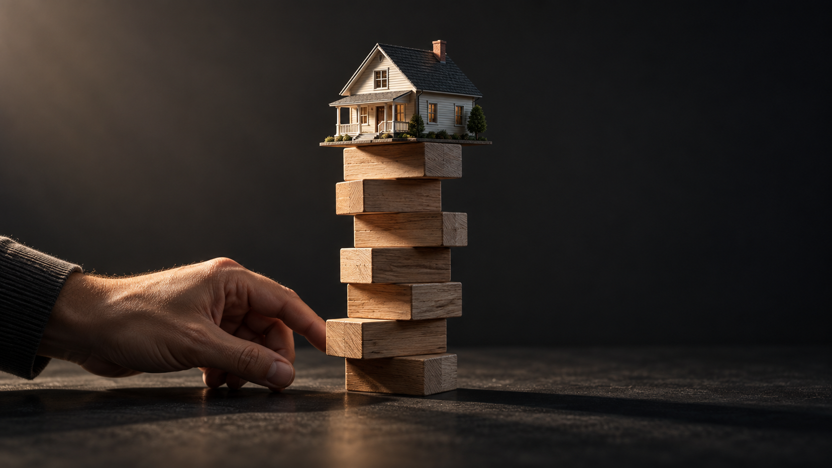 Model house balanced on wooden blocks as a hand steadies the base, illustrating the financial risks of owner financing. Model house balanced on wooden blocks as a hand steadies the base, illustrating the financial risks of owner financing.