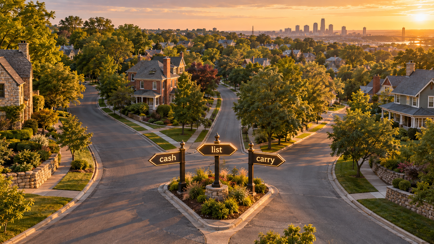 Aerial view of a Kansas City neighborhood with directional signs for cash, list, and carry home-selling options. Aerial view of a Kansas City neighborhood with directional signs for cash, list, and carry home-selling options.