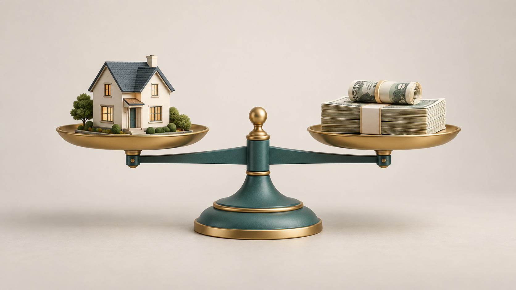 Balance scale comparing a rental house with cash, illustrating Kansas City rental property value and cash flow.