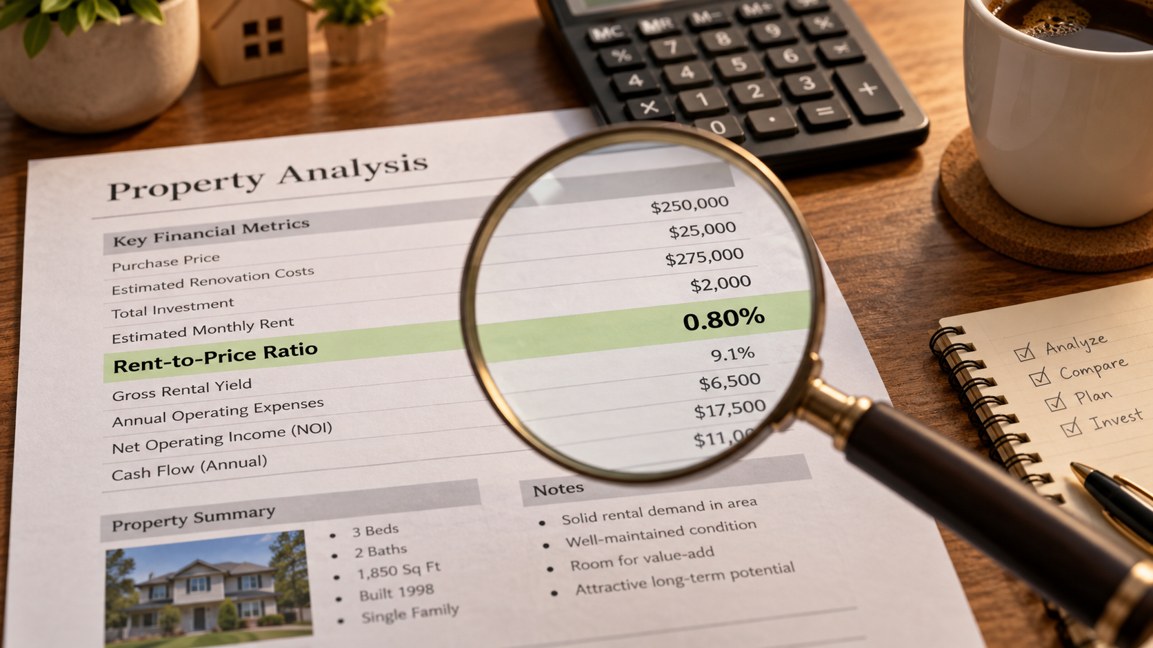 Magnifying glass highlighting the rent-to-price ratio on a Kansas City rental property investment analysis sheet.
