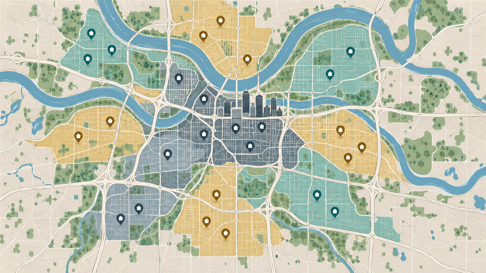 Stylized Kansas City metro map with color-coded neighborhood zones and house markers representing rental property investment areas.