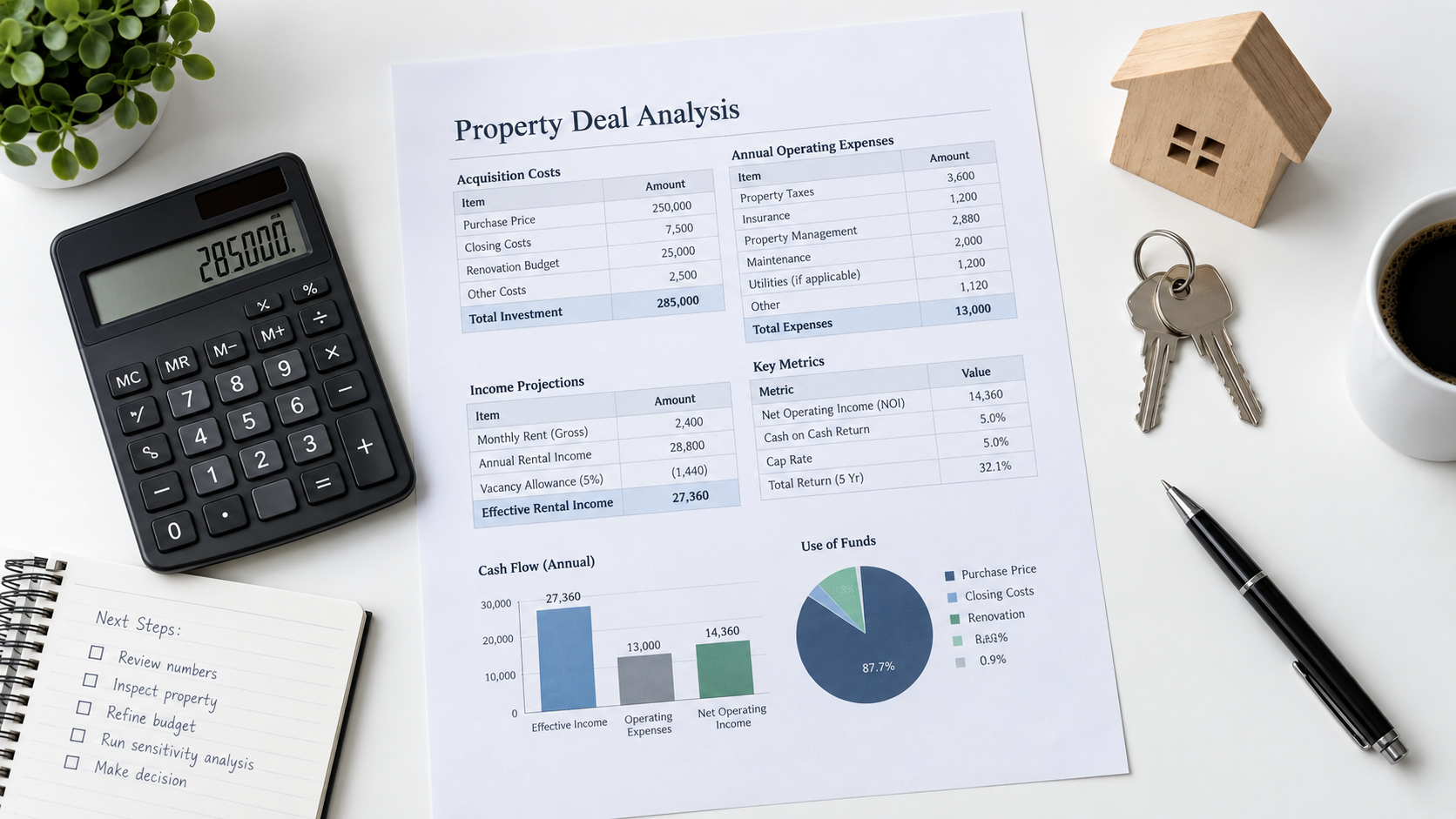Overhead view of a rental property deal analysis with financial spreadsheet, calculator, house keys, and wooden home model.