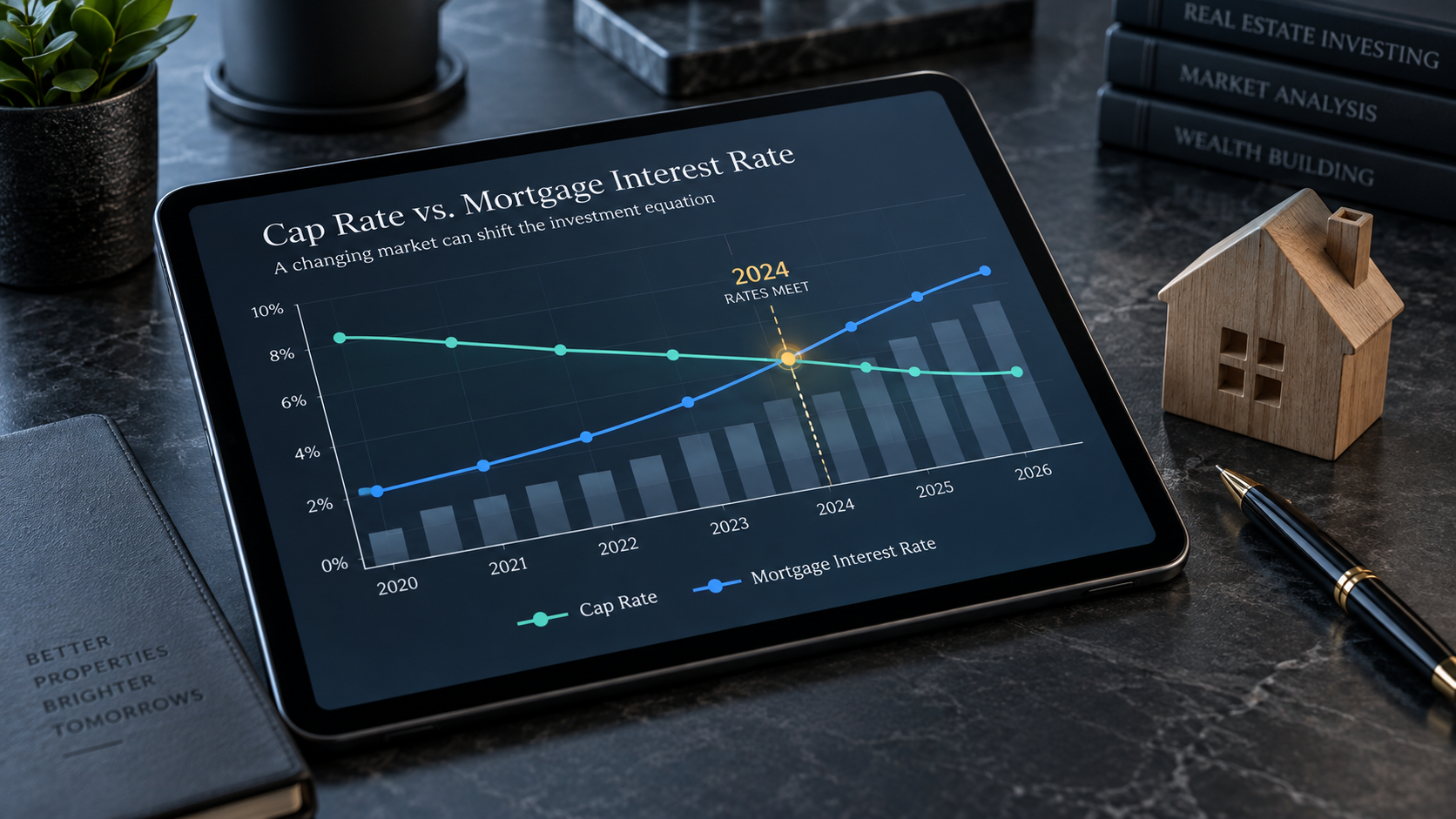 Tablet displaying a cap rate versus mortgage interest rate chart beside a house model on a real estate investment desk.