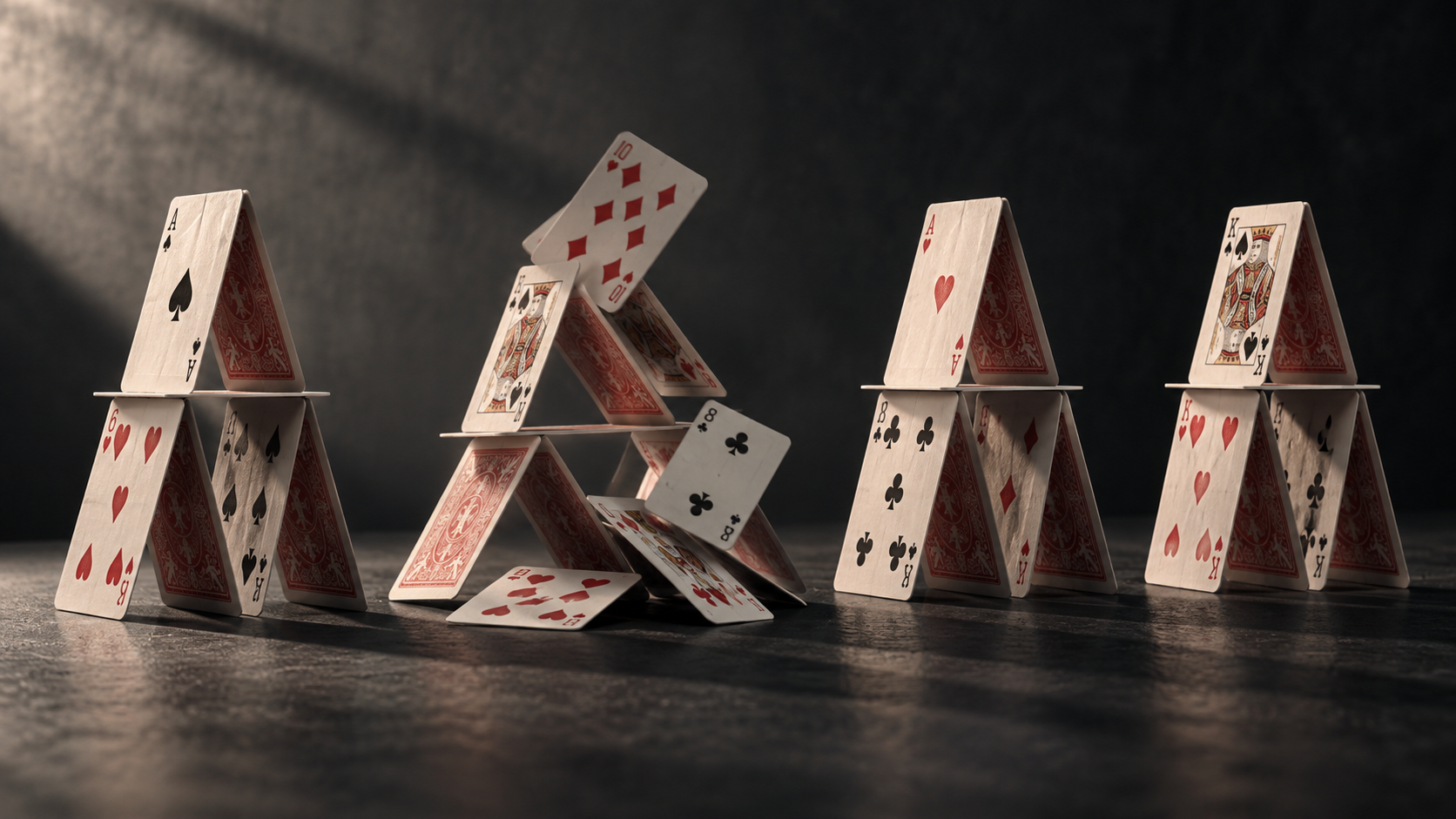 One house of cards collapsing beside stable card houses, symbolizing the risks of a fragile real estate investment deal.