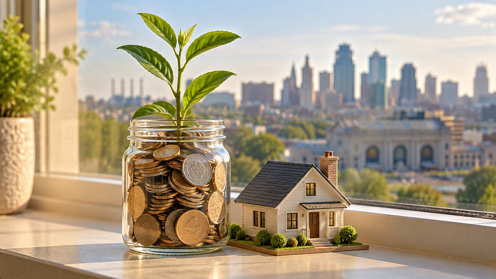 Green plant growing from a jar of coins beside a miniature house with the Kansas City skyline in the background, symbolizing long-term real estate wealth.