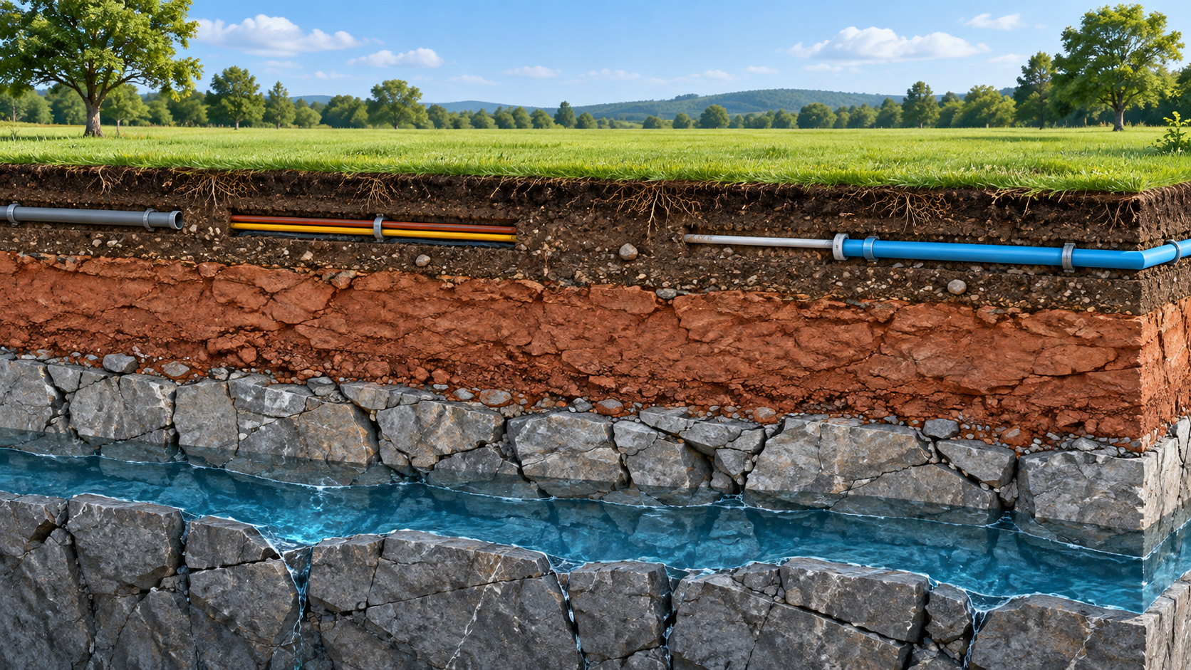 Cutaway illustration of Missouri land showing topsoil, clay, bedrock, the underground water table, and buried utility lines.