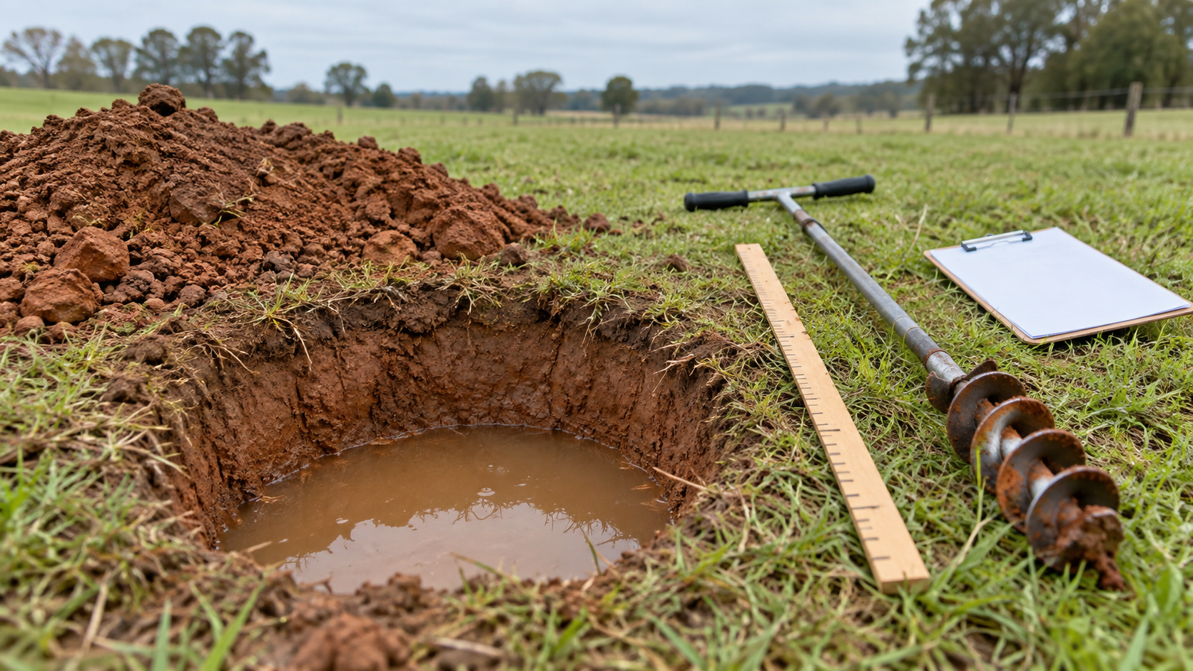 Percolation test hole filled with standing water in Missouri clay soil beside a measuring stick, soil auger, and clipboard.