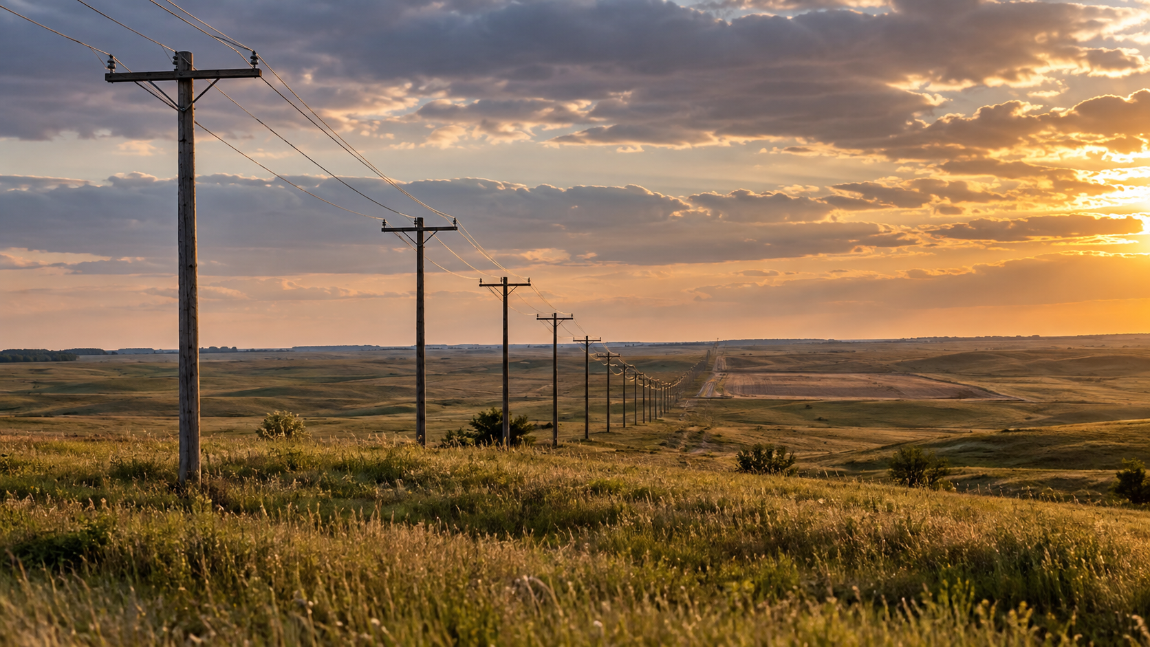 Wooden utility poles and power lines extending across undeveloped rural Missouri acreage toward a distant vacant building site.