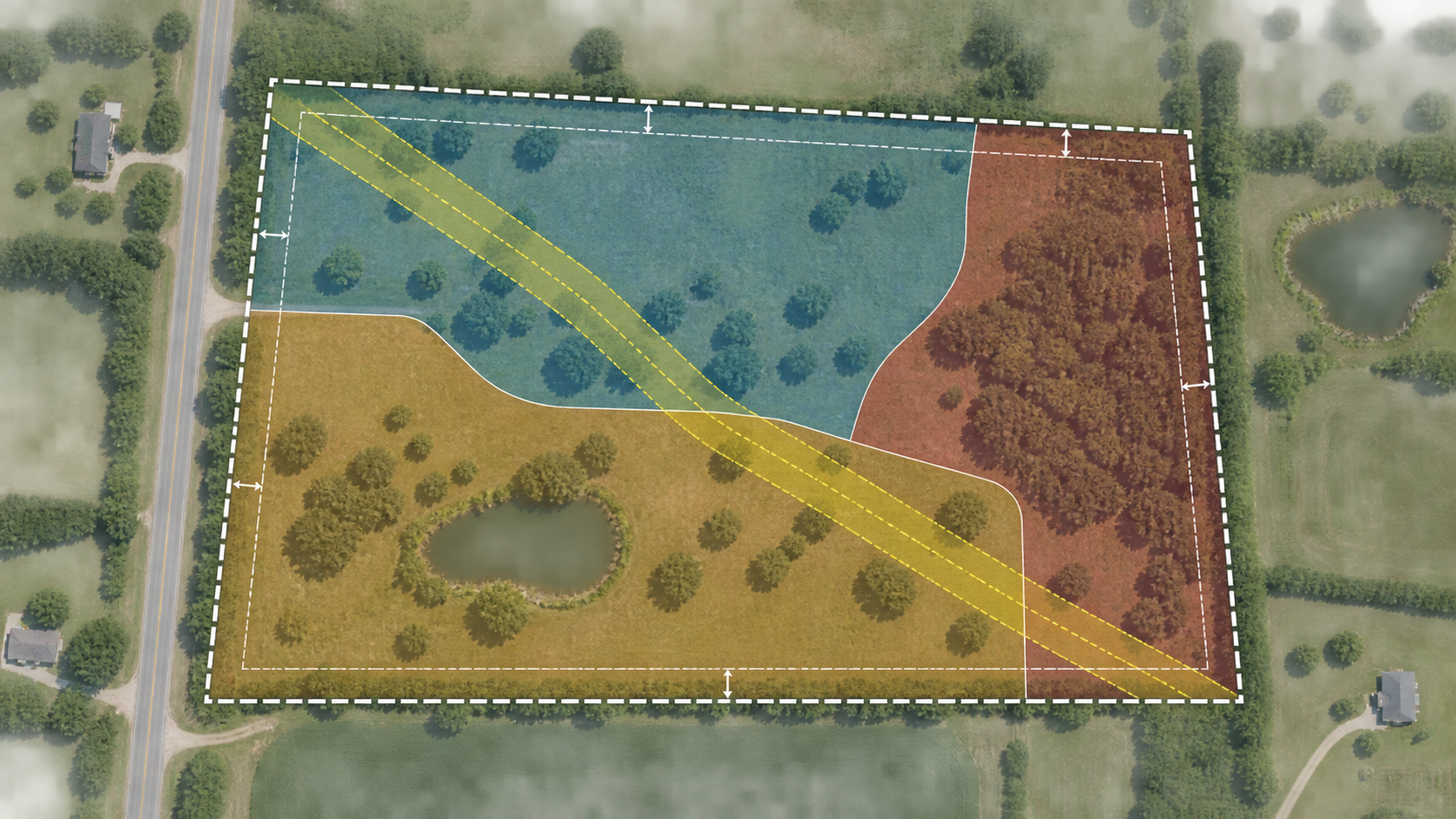 Aerial view of a Missouri land parcel with zoning overlays, property boundaries, setback markers, and a highlighted easement corridor.