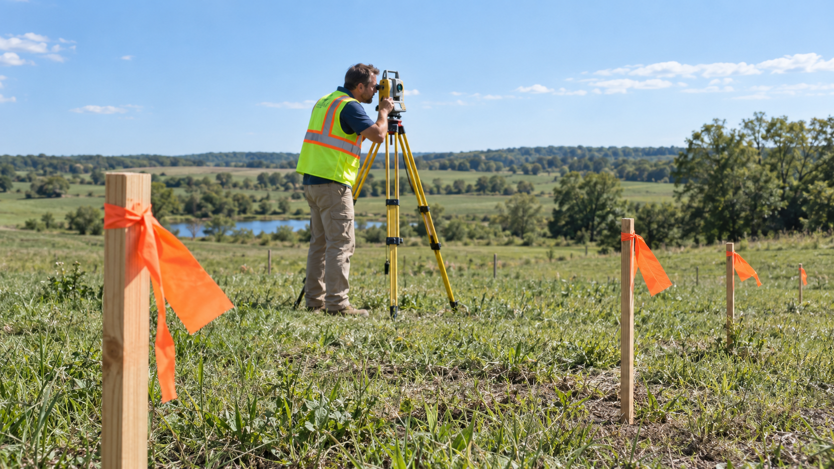 Land surveyor using a total station on rural Missouri acreage with orange-flagged property boundary stakes in the foreground.