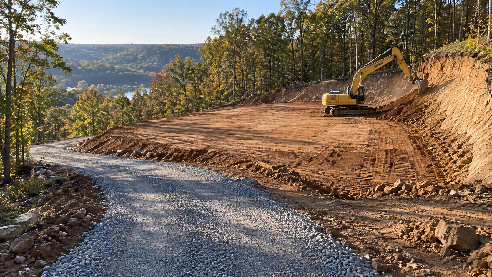 Excavator grading a level building pad and gravel driveway on a sloped, partially wooded Missouri property.