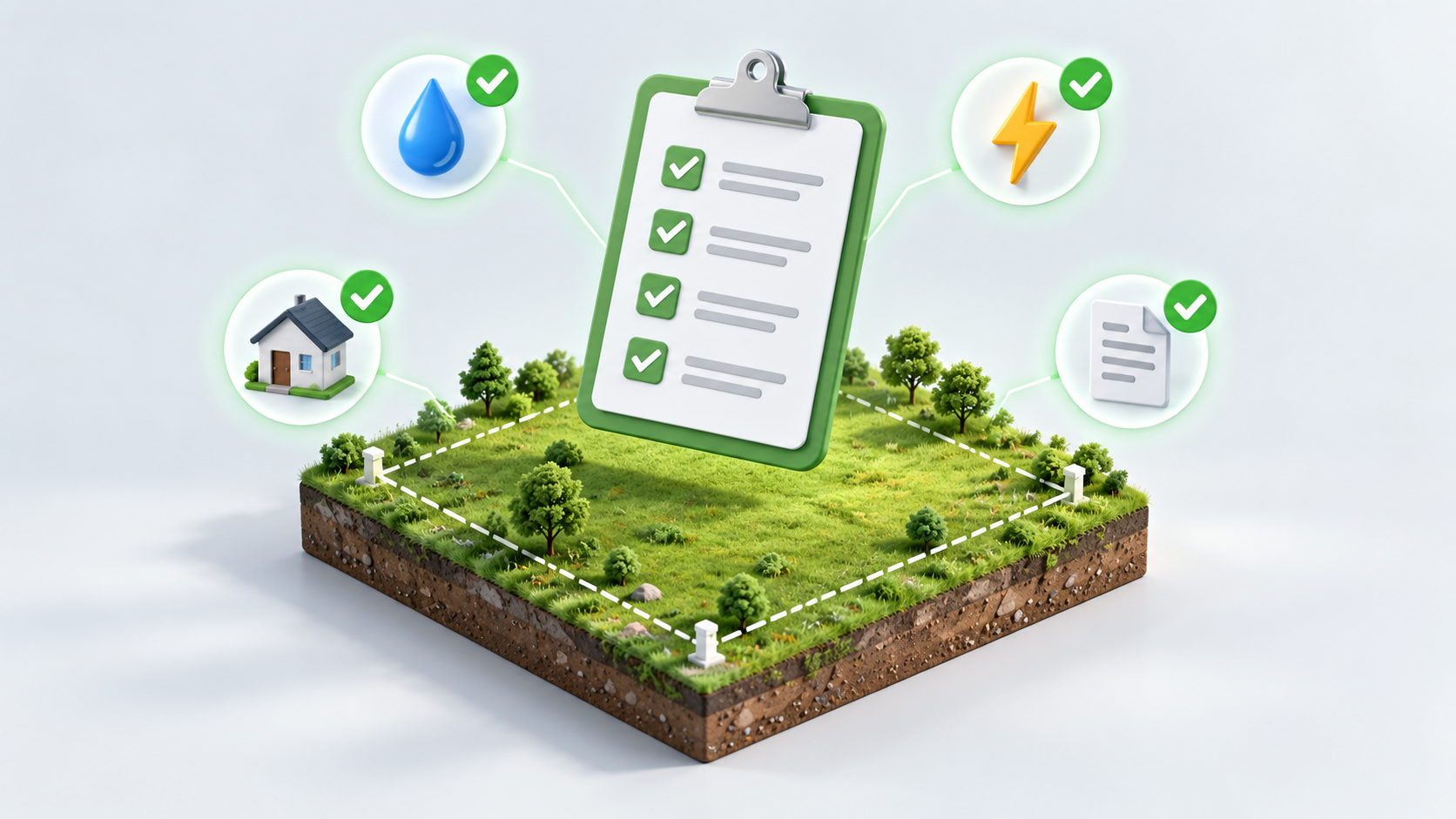 Land-buying due diligence checklist with verified water, electricity, building, and property document icons above a green parcel.