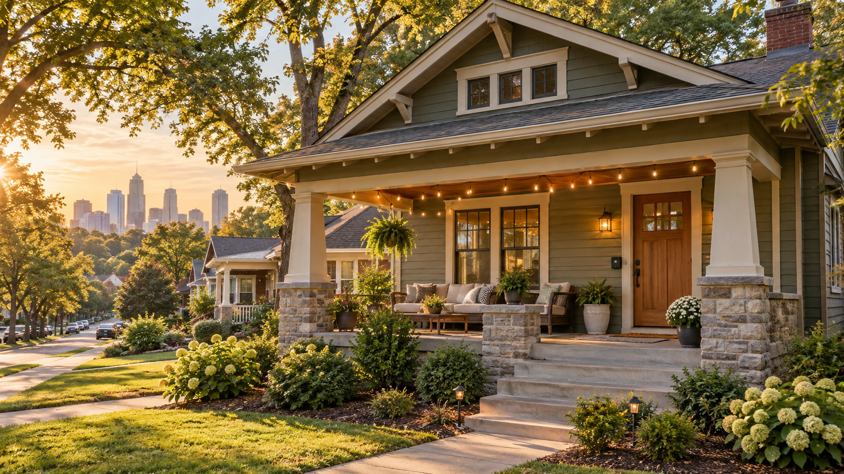 Restored Kansas City craftsman bungalow prepared as a short-term rental on a tree-lined Midtown street at golden hour.