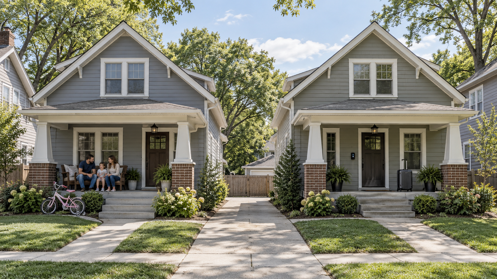 Side-by-side Kansas City homes illustrating an owner-occupied residence and an investor-operated short-term rental.