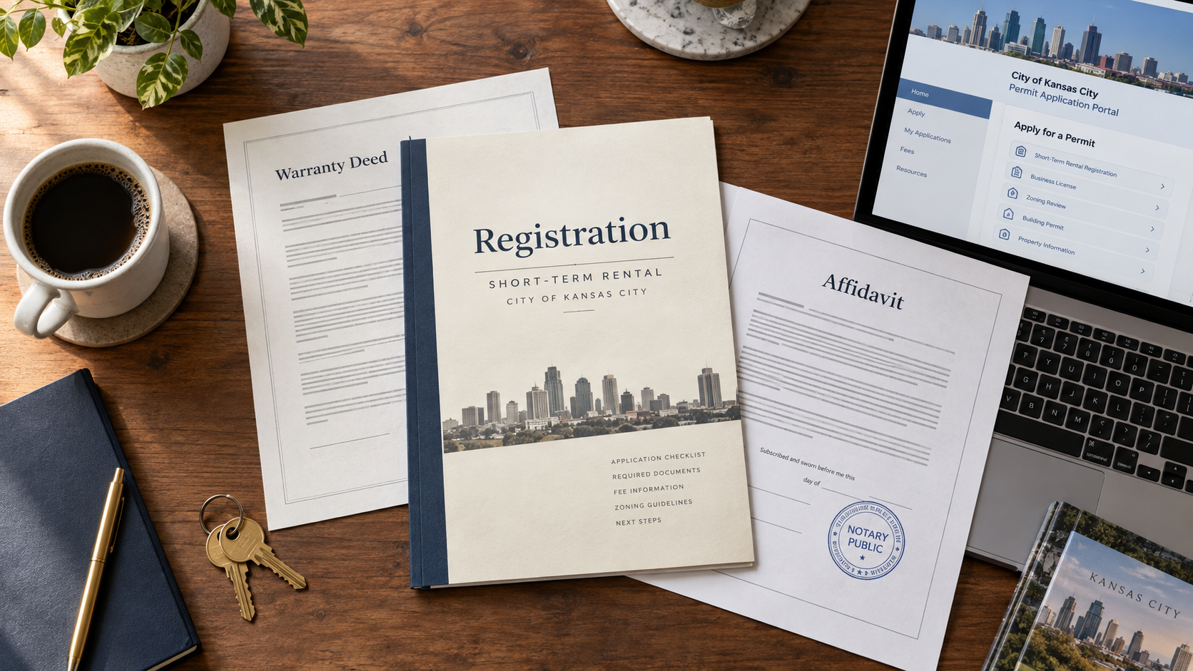 Kansas City short-term rental registration packet with warranty deed, notarized affidavit, house keys, and online permit portal.