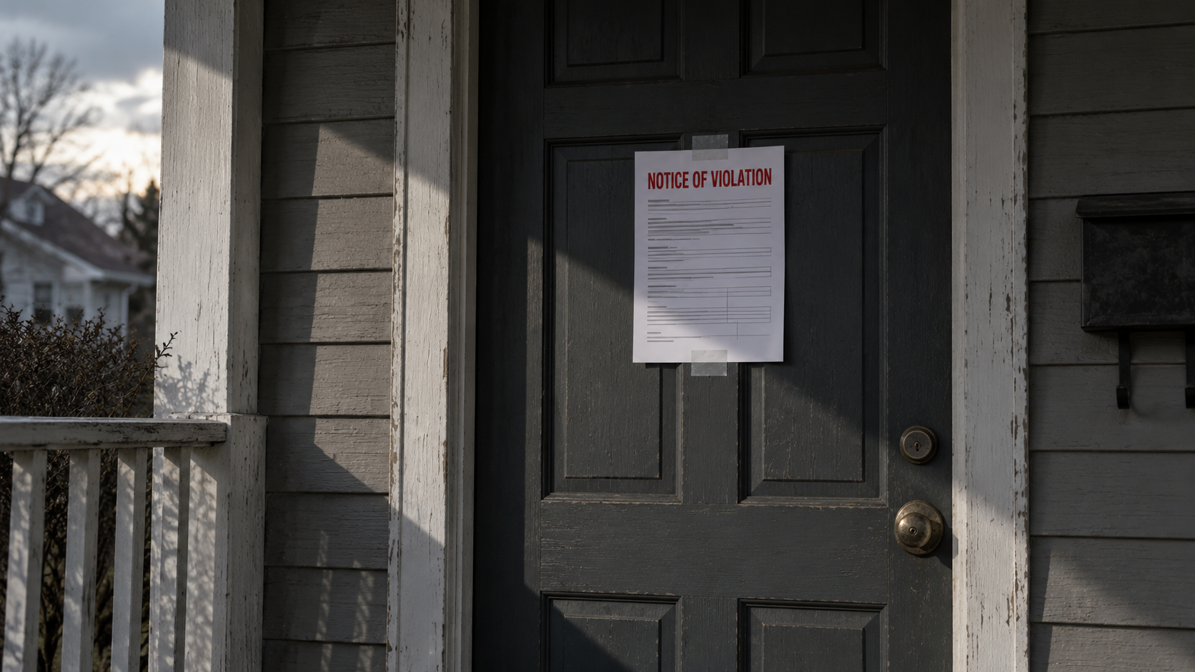 Official notice of violation posted on a Kansas City rental property’s front door for a short-term rental code issue.