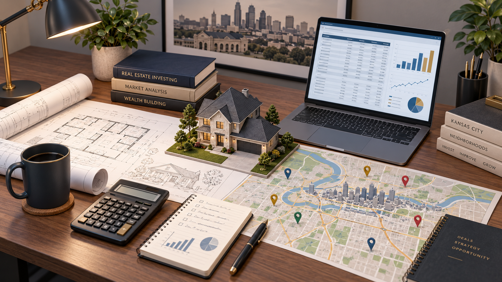 Kansas City real estate investment workspace with property blueprints, calculator, house model, location map, and financial analysis.