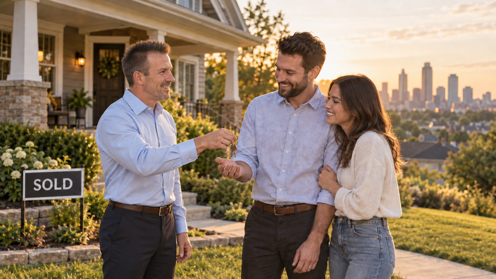Kansas City real estate agent handing house keys to smiling homebuyers in front of their sold home at golden hour.