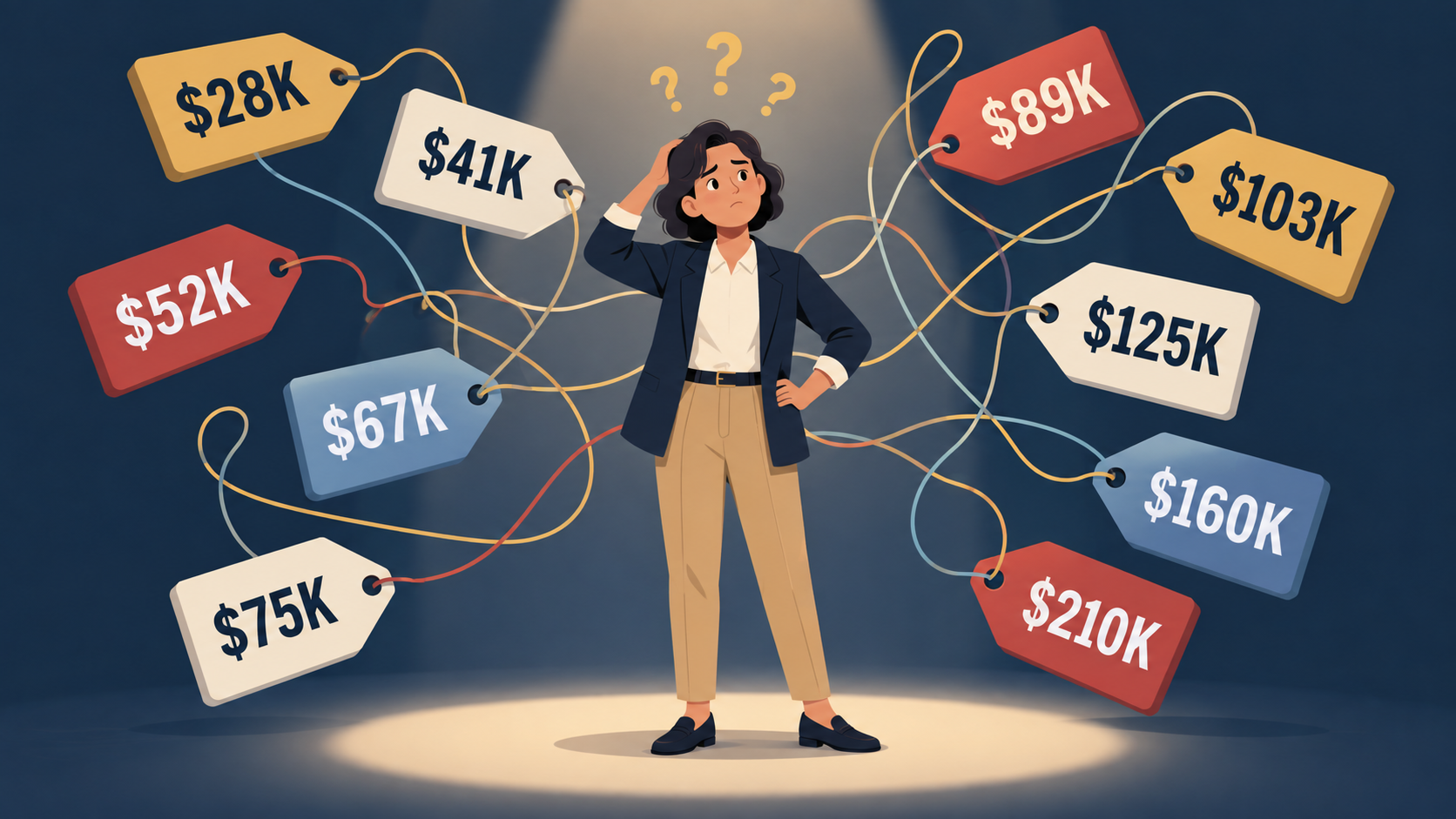 Confused real estate agent surrounded by ten conflicting salary estimates illustrating how much Kansas City real estate agents can earn. Confused real estate agent surrounded by ten conflicting salary estimates illustrating how much Kansas City real estate agents can earn.