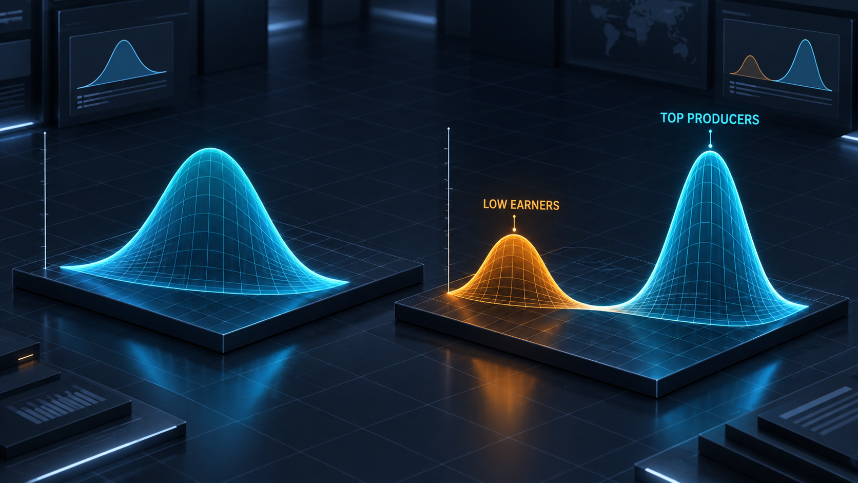 Data visualization comparing a traditional bell curve with the income gap between low-earning real estate agents and top producers. Data visualization comparing a traditional bell curve with the income gap between low-earning real estate agents and top producers.
