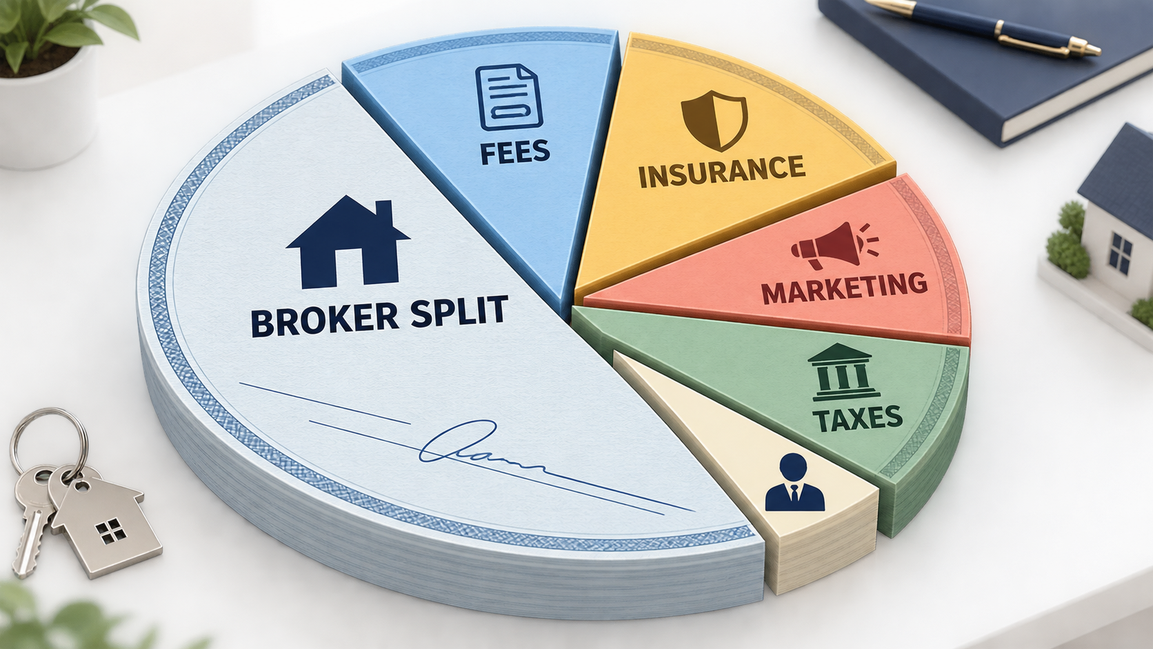 Real estate commission check divided into broker split, fees, insurance, marketing, and taxes, leaving a small remaining share for the agent. Real estate commission check divided into broker split, fees, insurance, marketing, and taxes, leaving a small remaining share for the agent.