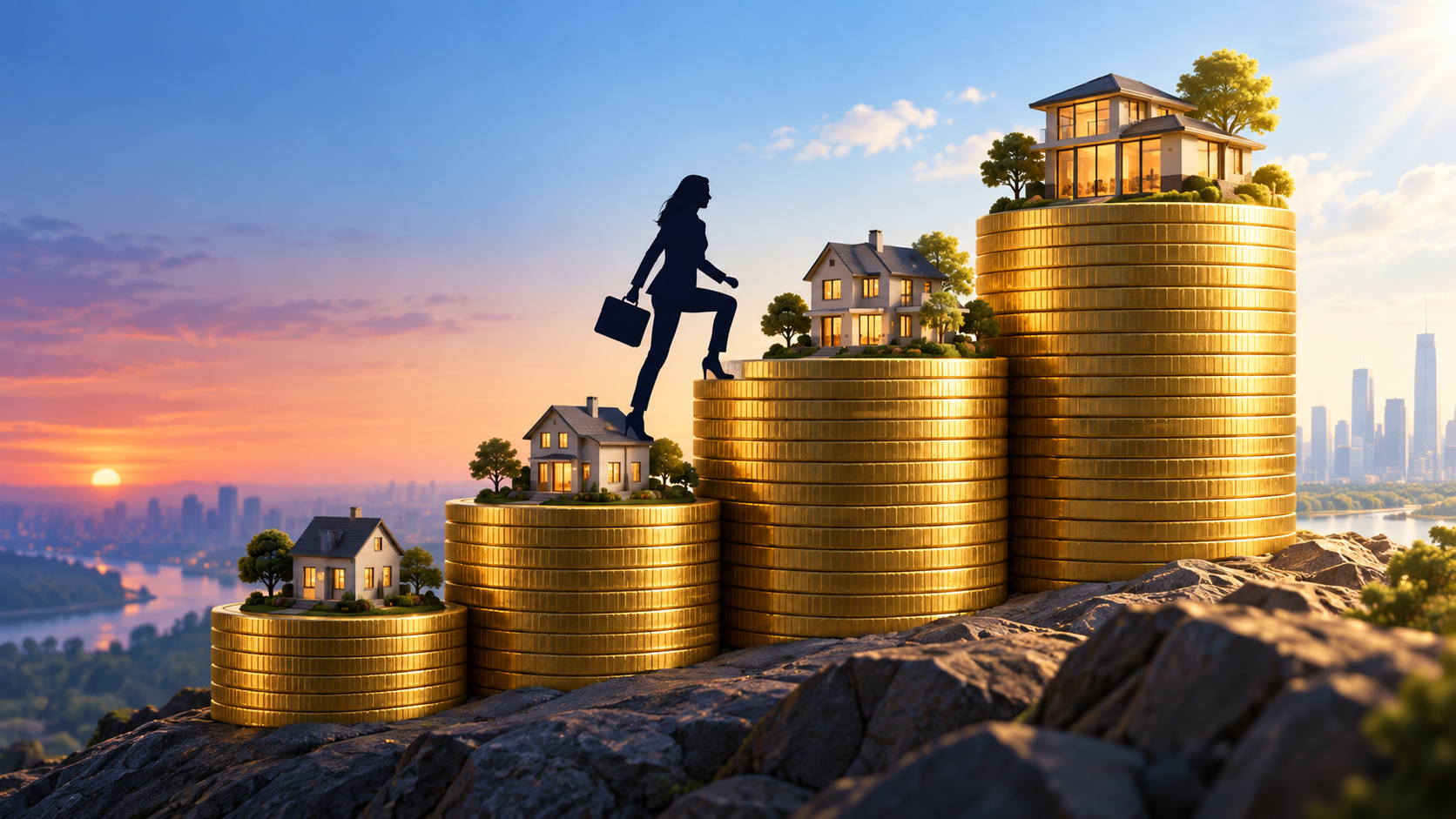Real estate agent climbing four ascending levels of gold coins and houses, symbolizing career growth and increasing income. Real estate agent climbing four ascending levels of gold coins and houses, symbolizing career growth and increasing income.