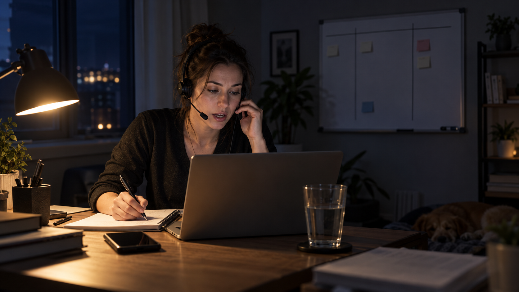 Rookie real estate agent making late-night cold calls from a home office with a nearly empty deal pipeline behind her. Rookie real estate agent making late-night cold calls from a home office with a nearly empty deal pipeline behind her.
