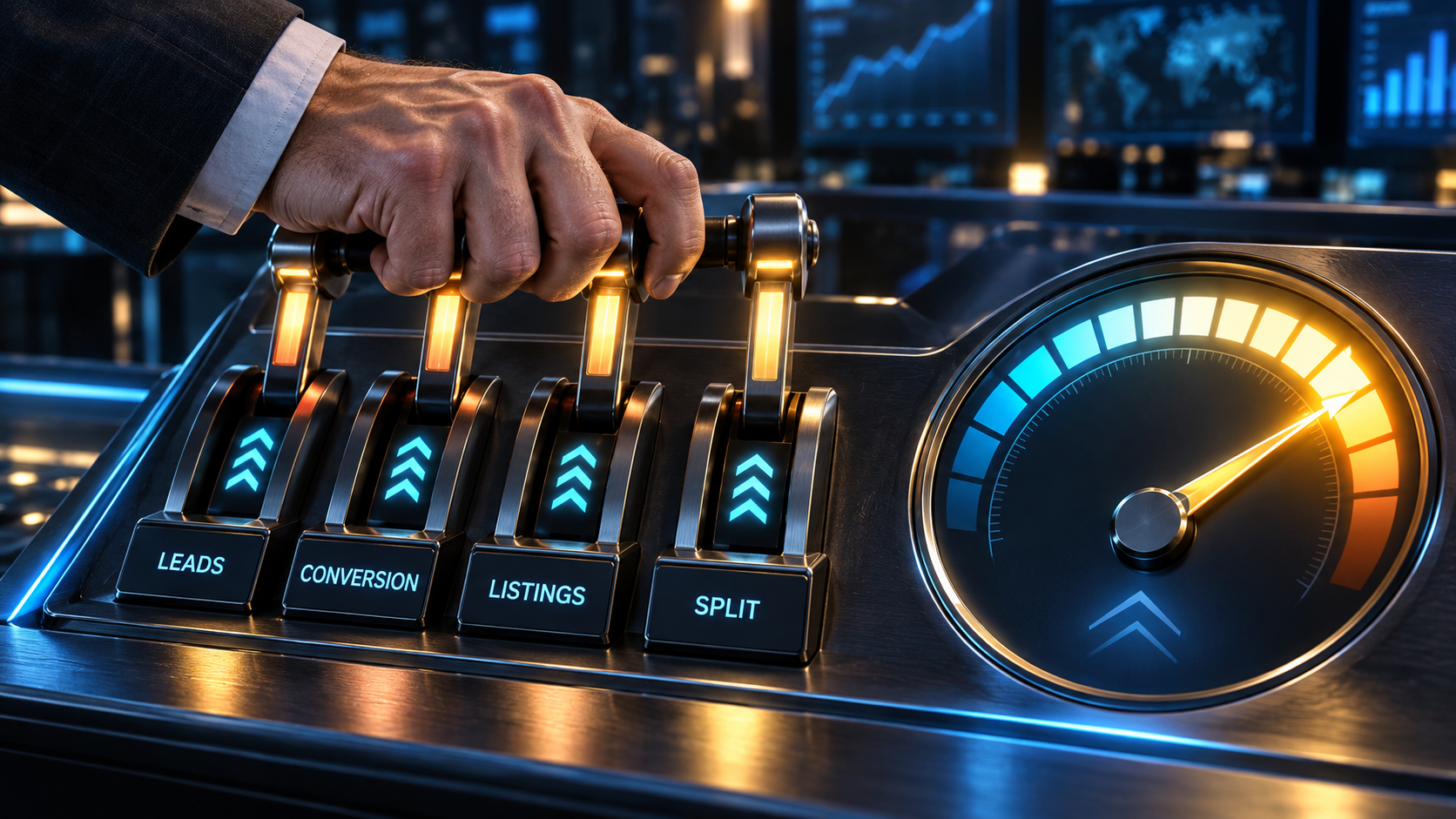 Hand adjusting leads, conversion, listings, and commission split controls as a real estate agent income gauge rises. Hand adjusting leads, conversion, listings, and commission split controls as a real estate agent income gauge rises.