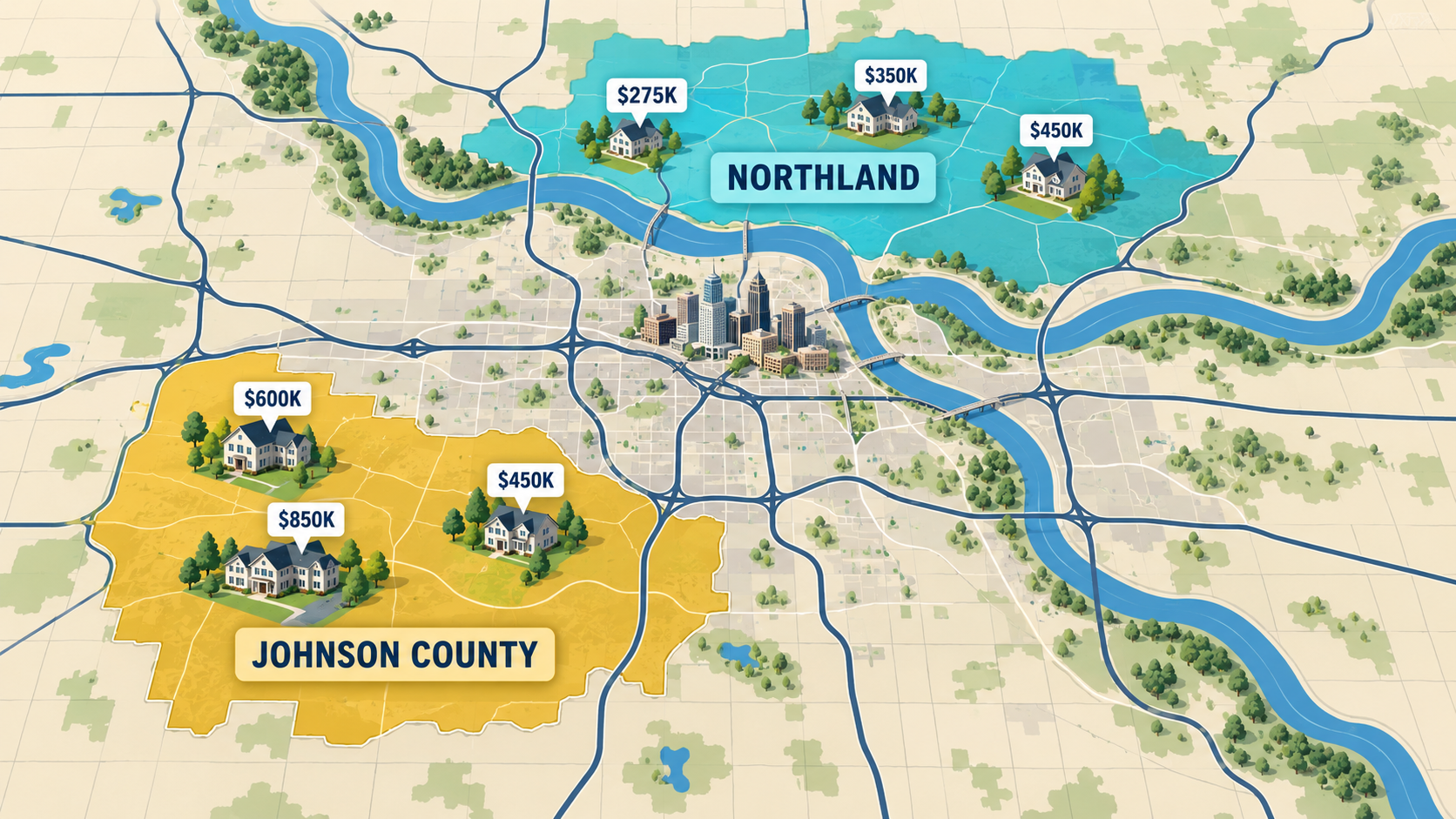 Kansas City metro map highlighting Johnson County and the Northland with house icons showing different neighborhood price points. Kansas City metro map highlighting Johnson County and the Northland with house icons showing different neighborhood price points.