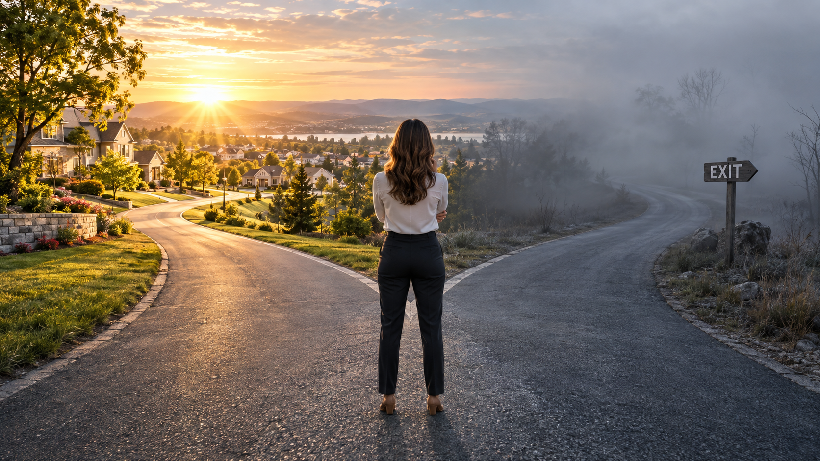 Real estate agent standing at a fork between a thriving neighborhood and a foggy road marked exit, symbolizing a career decision. Real estate agent standing at a fork between a thriving neighborhood and a foggy road marked exit, symbolizing a career decision.