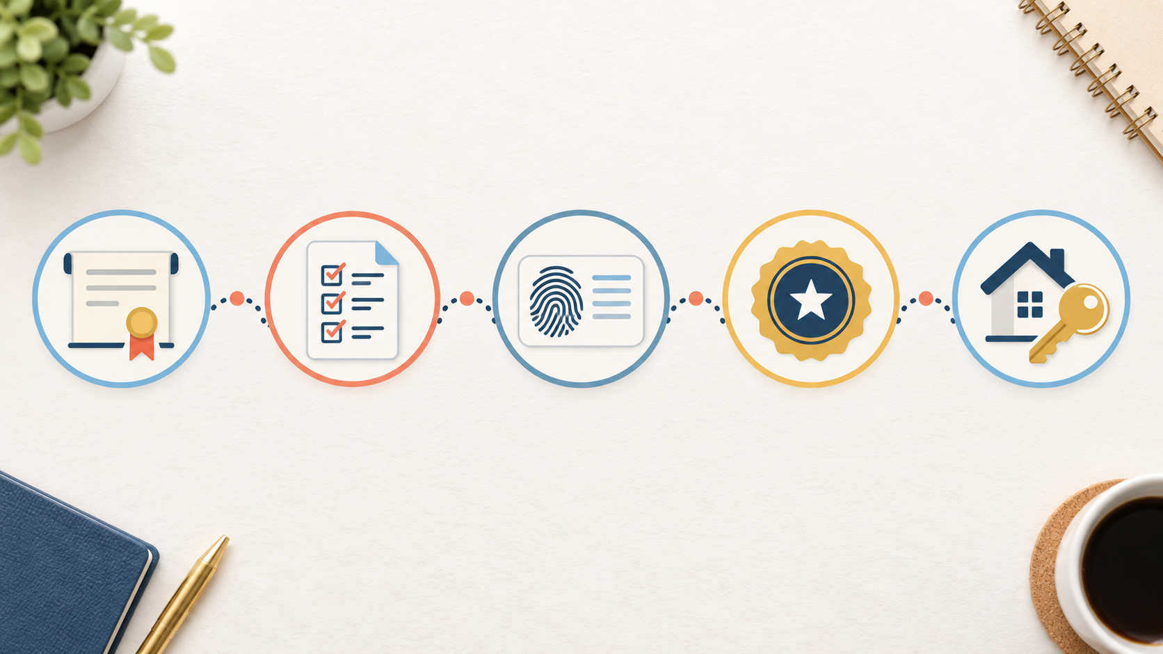 Five-step real estate licensing roadmap showing education, exam, fingerprinting, state approval, and joining a brokerage. Five-step real estate licensing roadmap showing education, exam, fingerprinting, state approval, and joining a brokerage.