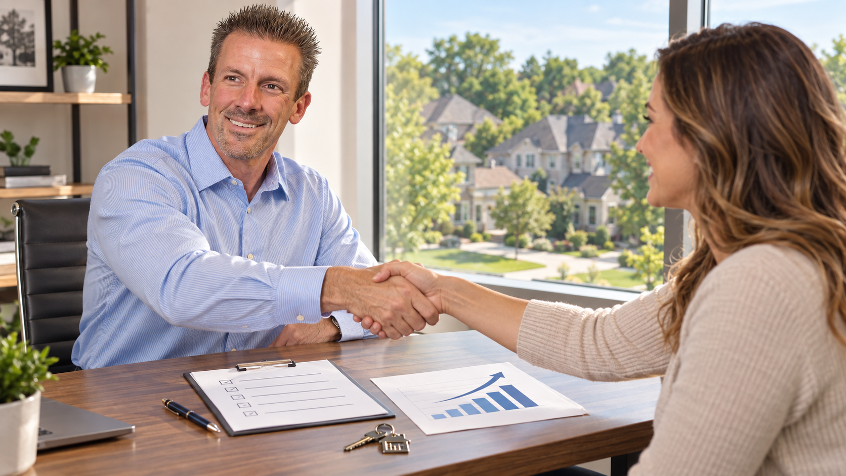 Kansas City real estate agent Jason DeLong shaking hands with a client beside a written business plan and rising income chart. Kansas City real estate agent Jason DeLong shaking hands with a client beside a written business plan and rising income chart.