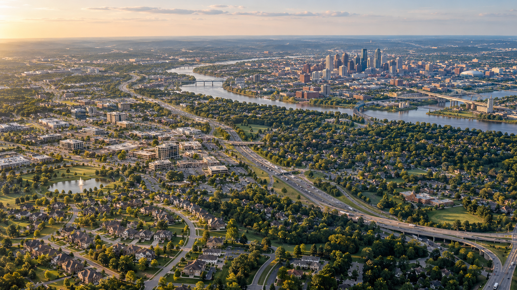 Aerial view of Overland Park neighborhoods and Kansas City’s Northland connected by highways, with the Missouri River and downtown skyline. Aerial view of Overland Park neighborhoods and Kansas City’s Northland connected by highways, with the Missouri River and downtown skyline.