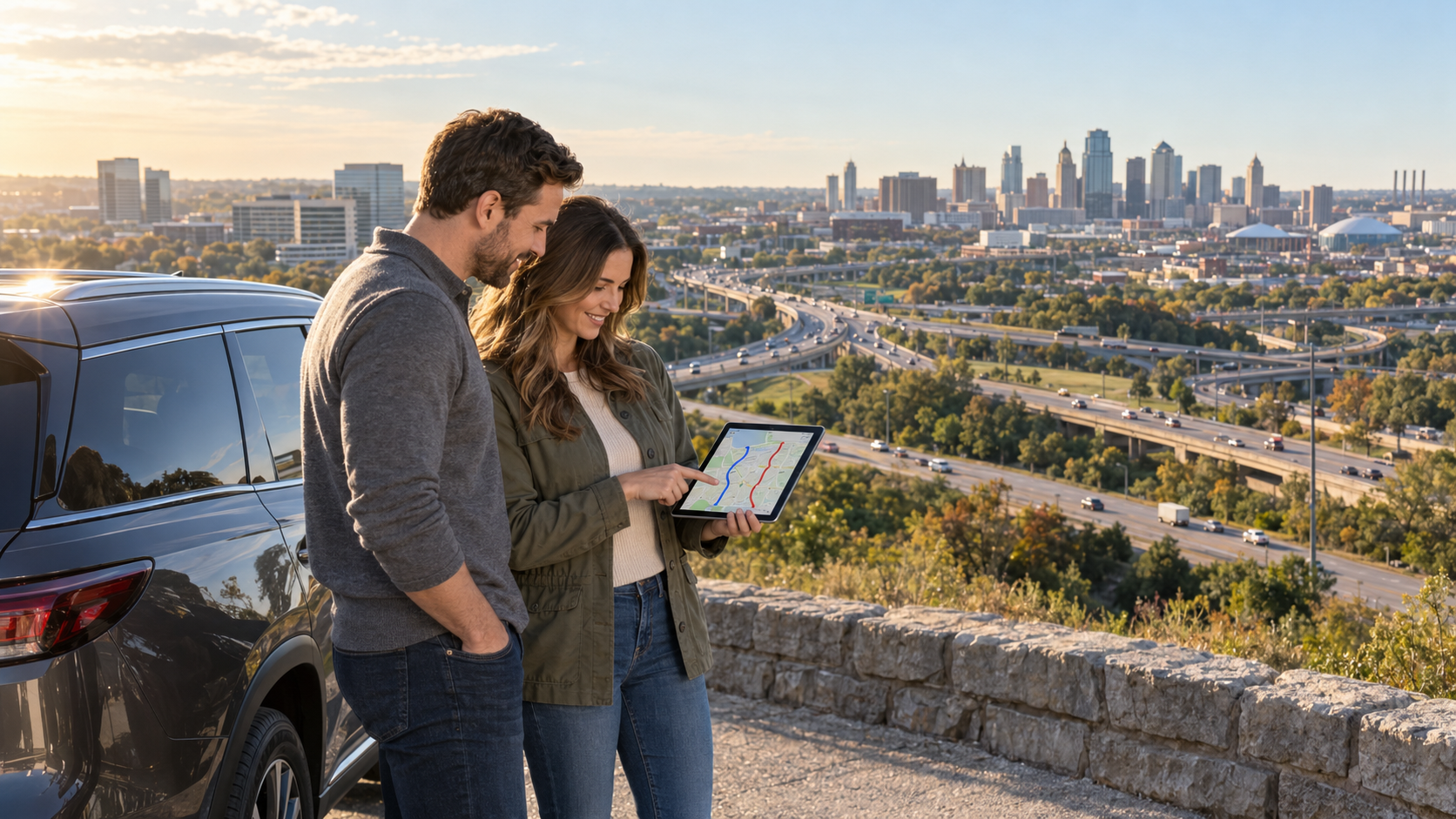 Kansas City couple comparing routes to Overland Park and downtown KC beside their vehicle with highways and the skyline in view. Kansas City couple comparing routes to Overland Park and downtown KC beside their vehicle with highways and the skyline in view.