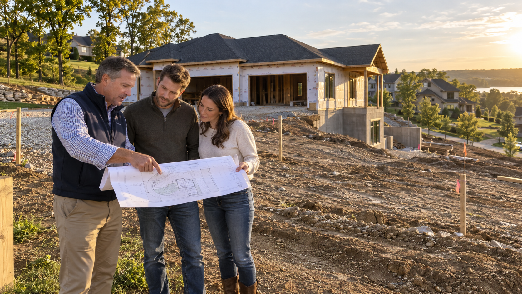 Kansas City architect reviewing a residential site plan with buyers beside a new home featuring a three-car garage and walkout basement. Kansas City architect reviewing a residential site plan with buyers beside a new home featuring a three-car garage and walkout basement.