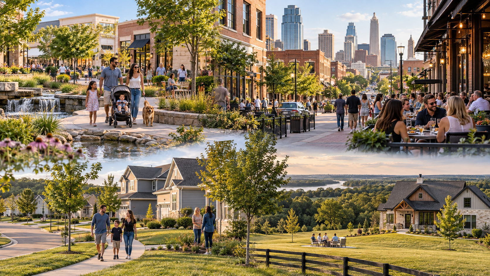 Kansas City lifestyle comparison featuring Overland Park shopping, downtown dining, a Northland neighborhood, and a spacious acreage home. Kansas City lifestyle comparison featuring Overland Park shopping, downtown dining, a Northland neighborhood, and a spacious acreage home.