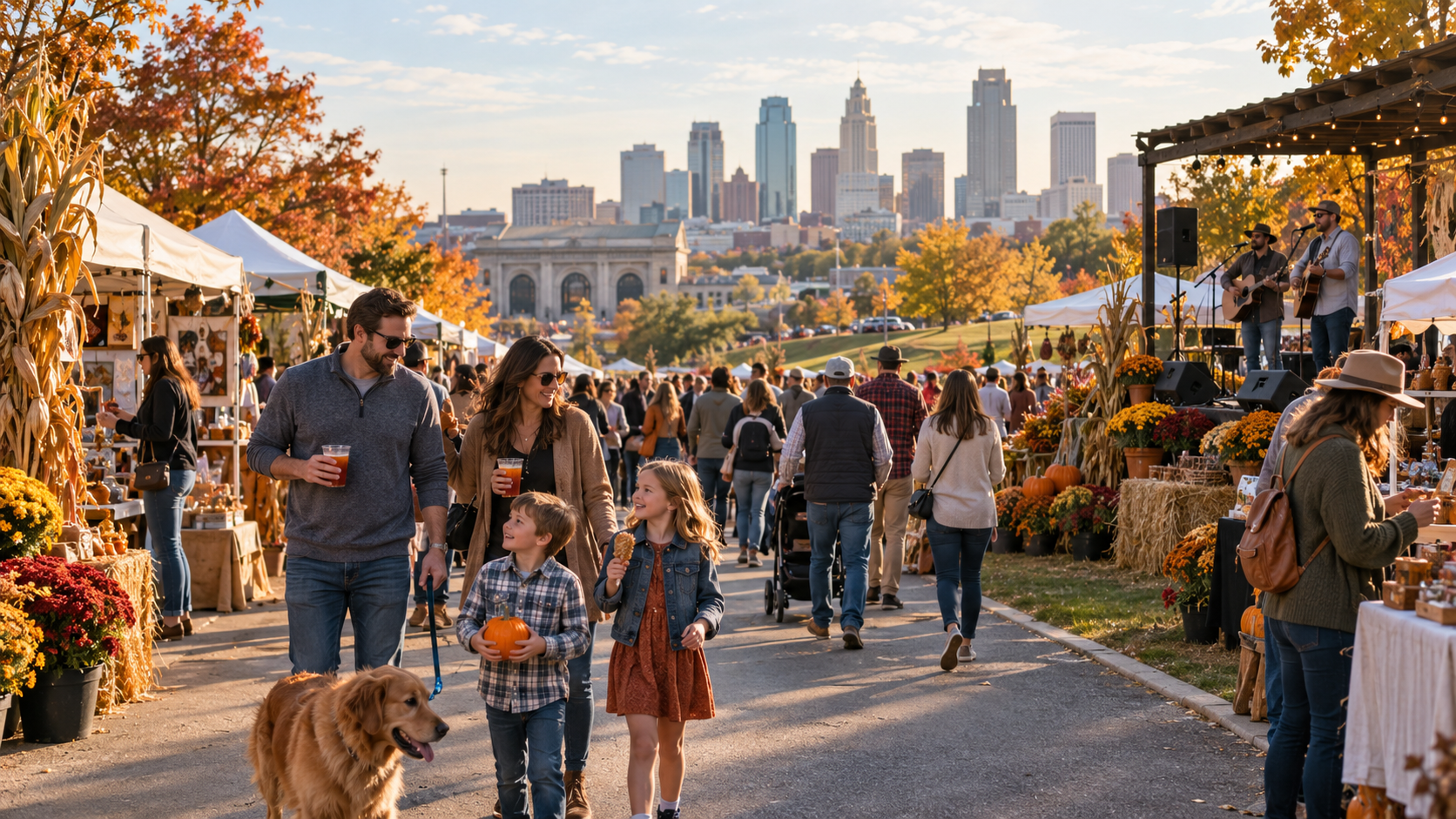 Families enjoying an outdoor Kansas City fall festival with food vendors, artisan booths, live music, and the downtown skyline.