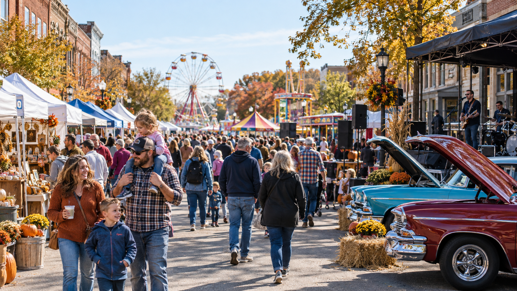 Families enjoying a fall festival in downtown Blue Springs, Missouri, with vendor tents, carnival rides, classic cars, and live music.