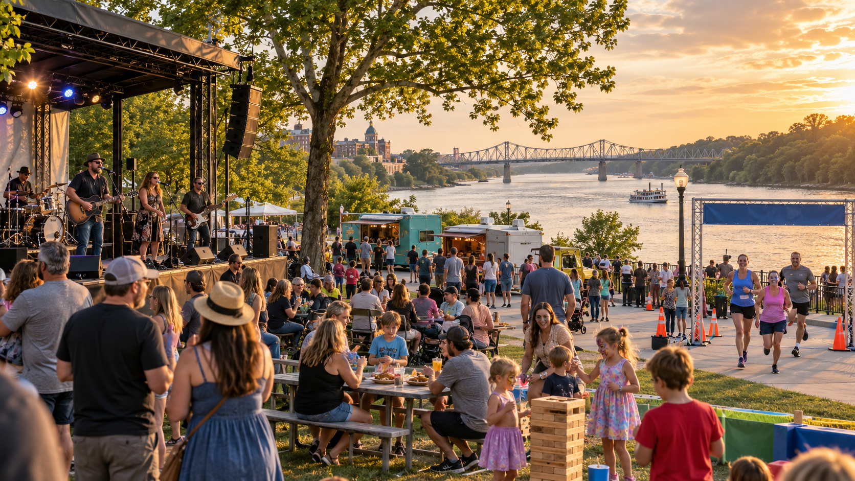 Families enjoying live music, food trucks, children’s activities, and a 5K at a Missouri River festival in Leavenworth, Kansas.