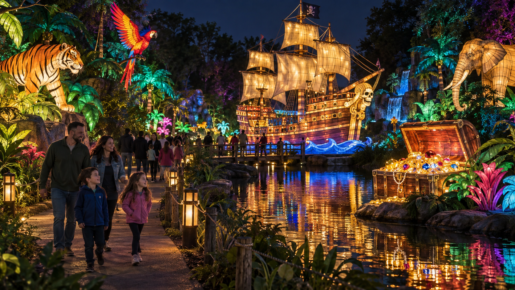 Families exploring glowing pirate ship, treasure chest, and tropical animal lanterns beside a reflective pond at the Kansas City Zoo.