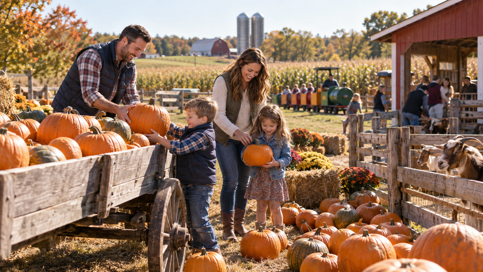 A Kansas City Northland family selecting pumpkins beside a wooden wagon at a working pumpkin farm in Liberty, Missouri.