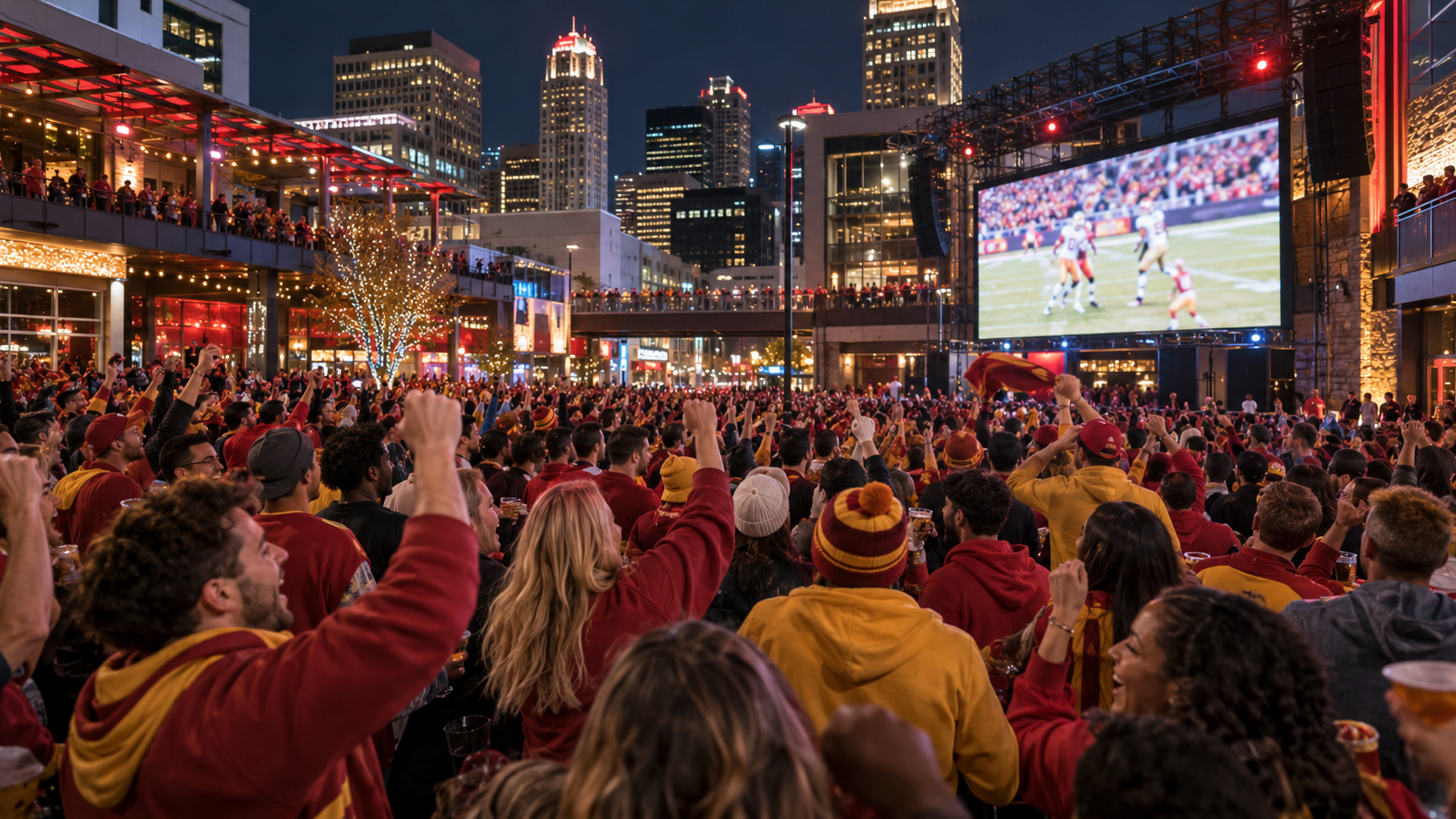 Football fans in red and gold cheer during an outdoor watch party in Kansas City’s Power and Light District.