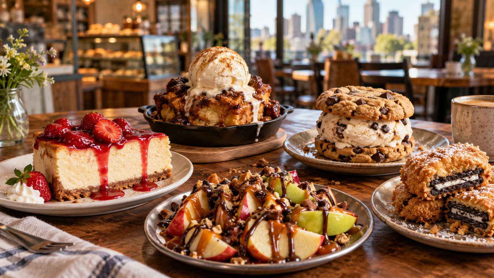 Strawberry cheesecake, bread pudding, an ice cream cookie sandwich, candy apple nachos, and fried sandwich cookies from Kansas City bakeries.